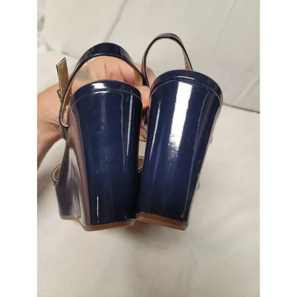 Dee Keller Blue Patent Leather Wedge Platform Ankle Strap Sandals Size 37.5 - Picture 5 of 9